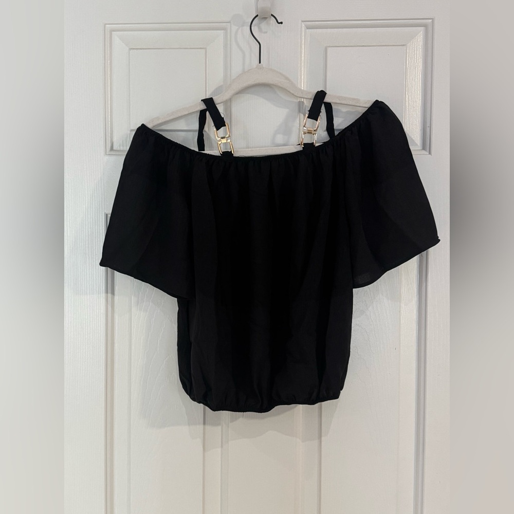 Black Off-Shoulder Blouse with Decorative Strap Detail